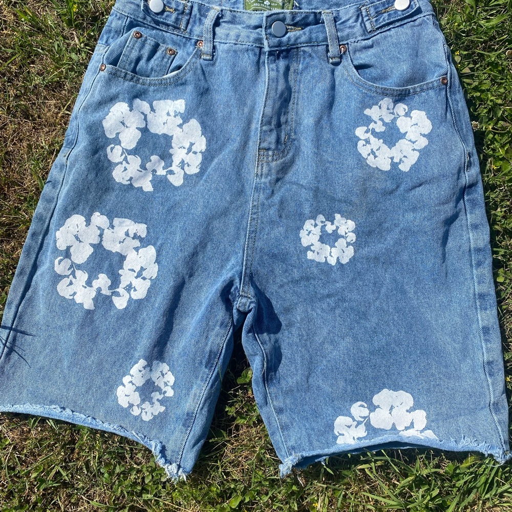 Blue Denim Shorts with White Floral Print
